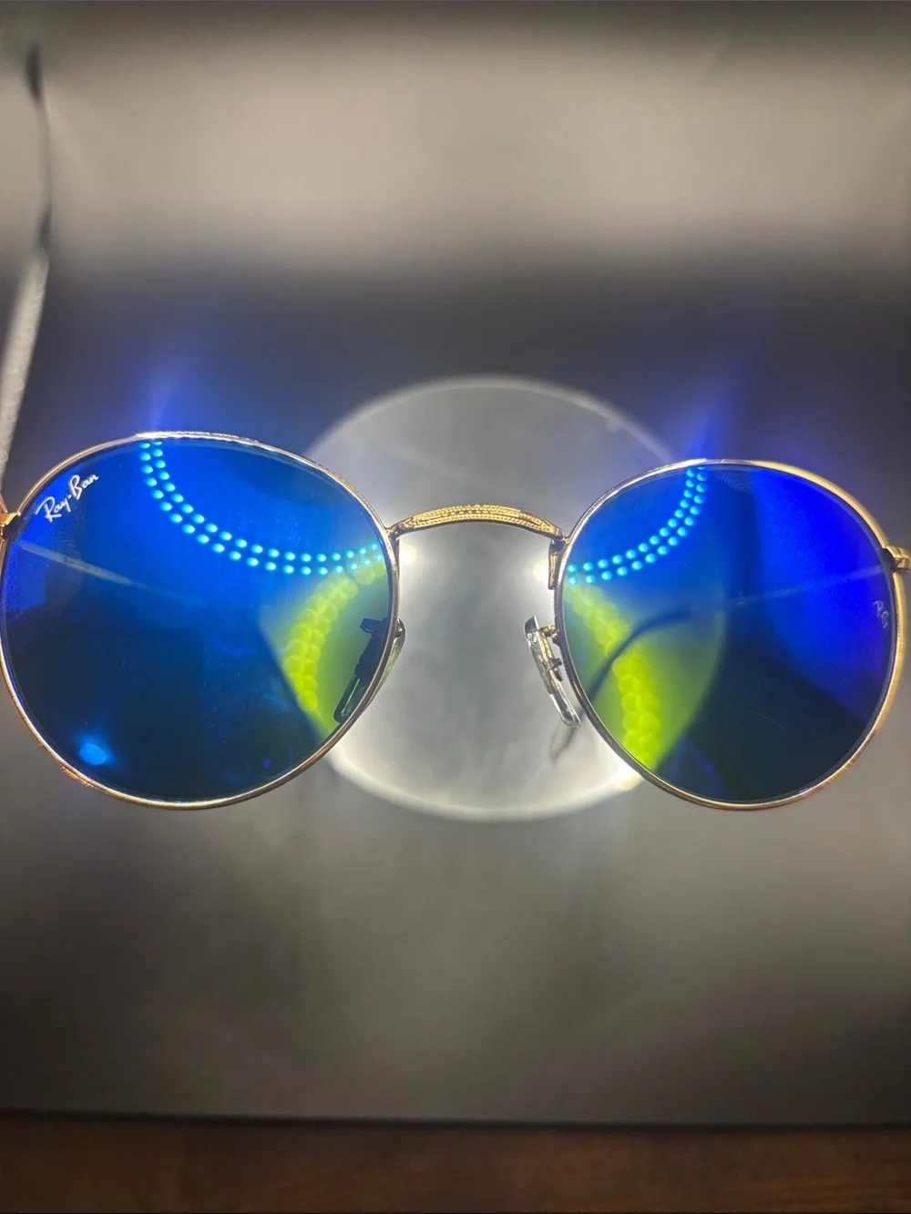 Ray-Ban RB3447 Round Gold Sunglasses Blue Green Mirror Lenses